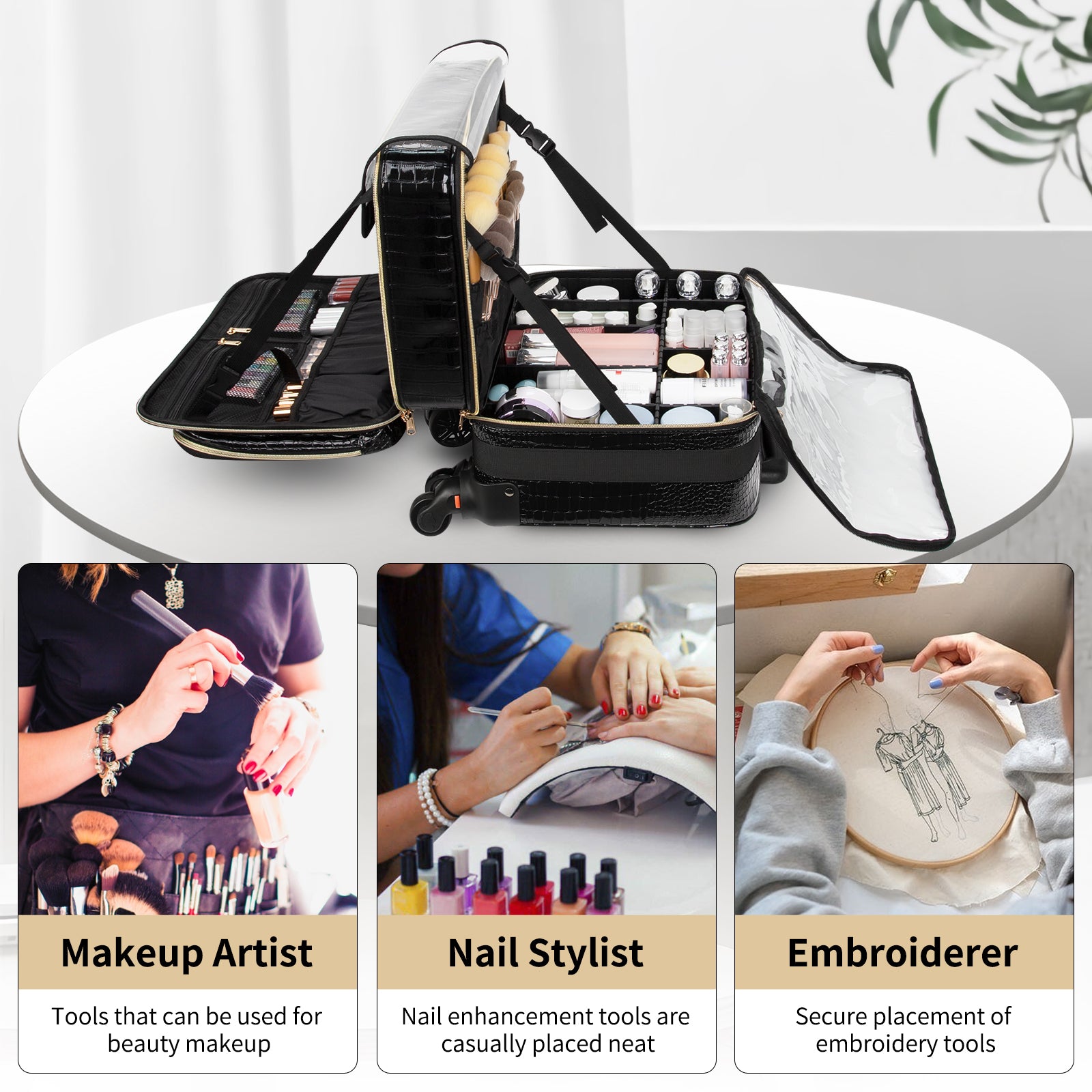 Rolling Extra Large 3 Layers Makeup Train Case with 3pcs Traveling Bags