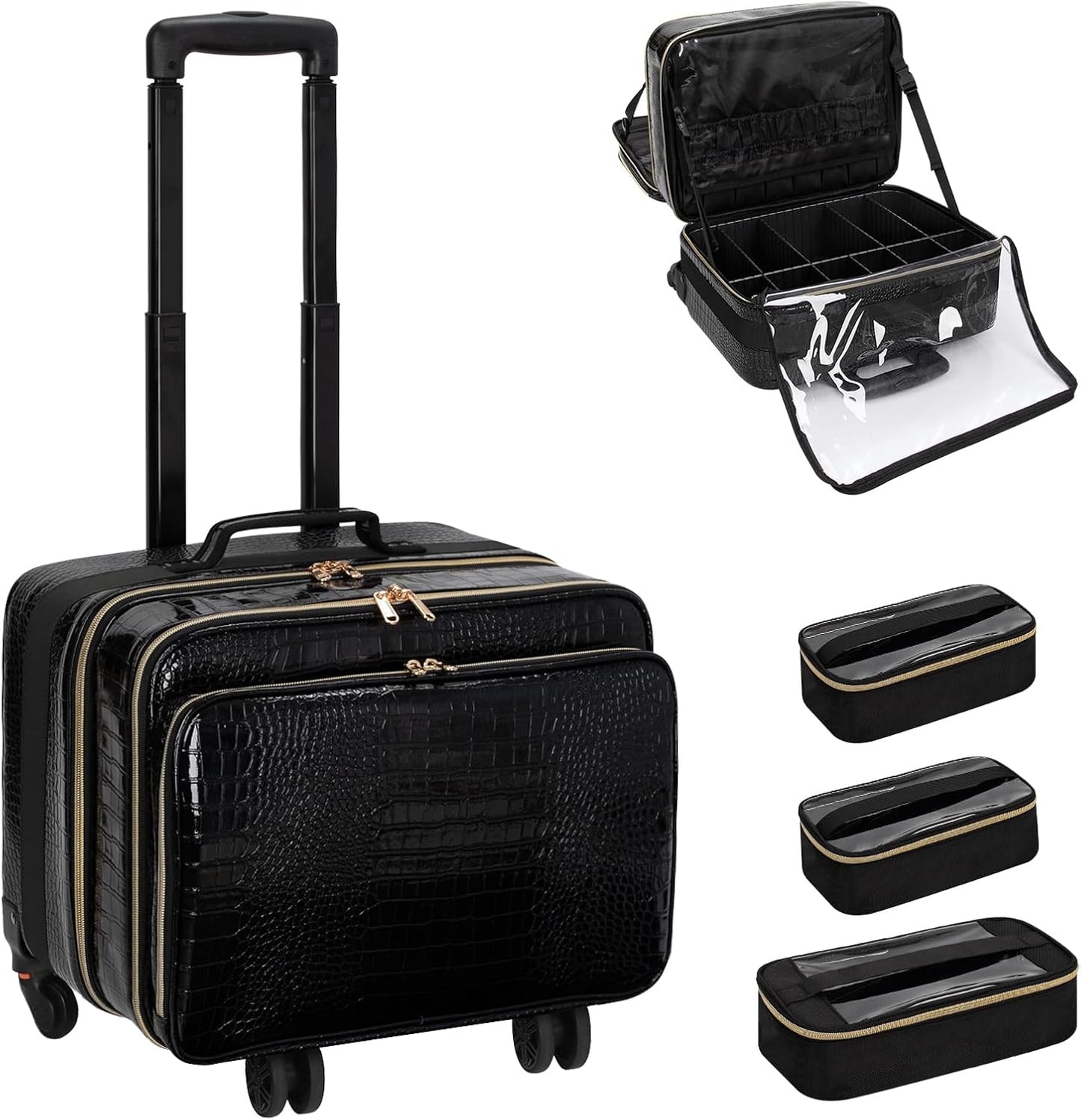 Rolling Extra Large 3 Layers Makeup Train Case with 3pcs Traveling Bags