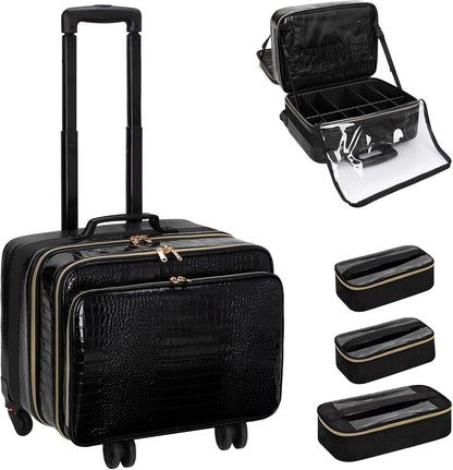 Rolling Extra Large 3 Layers Makeup Train Case with 3pcs Traveling Bags