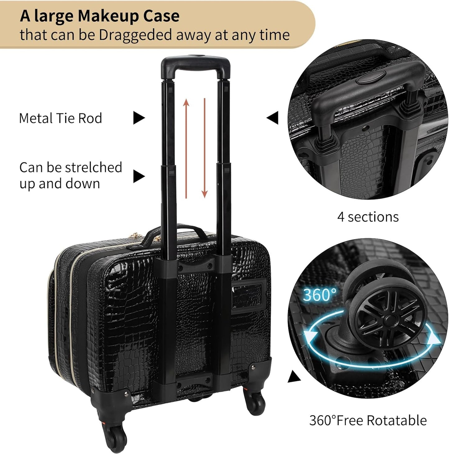 Rolling Extra Large 3 Layers Makeup Train Case with 3pcs Traveling Bags