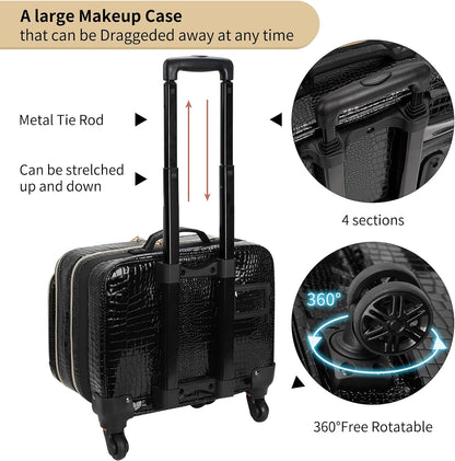 Rolling Extra Large 3 Layers Makeup Train Case with 3pcs Traveling Bags