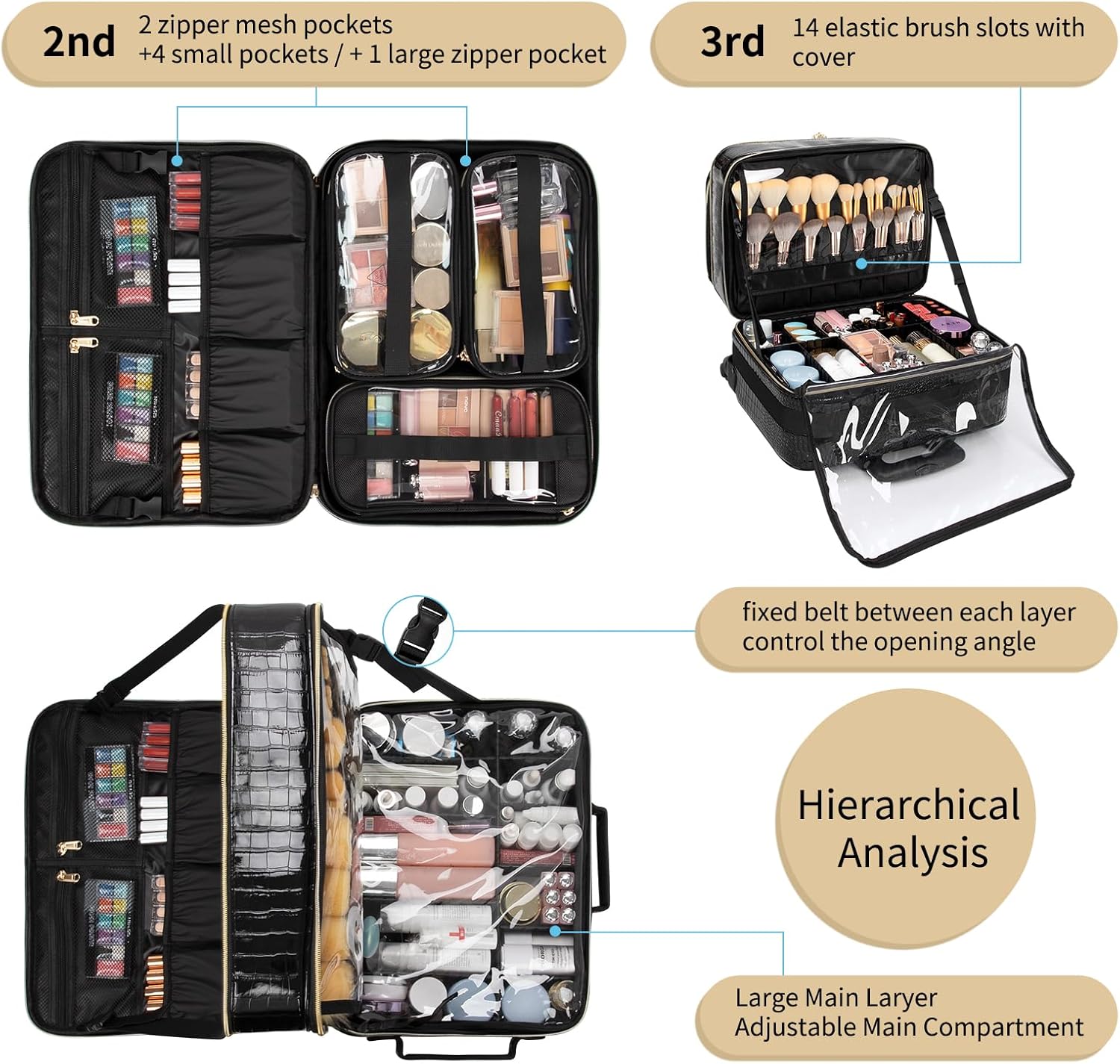 Rolling Extra Large 3 Layers Makeup Train Case with 3pcs Traveling Bags