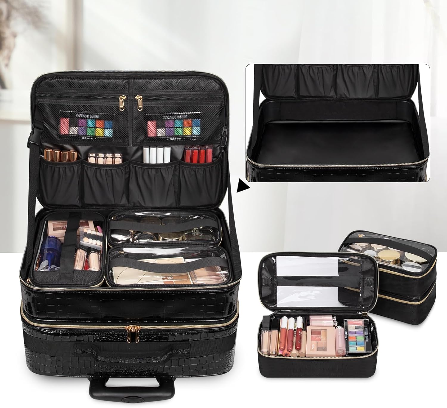 Rolling Extra Large 3 Layers Makeup Train Case with 3pcs Traveling Bags