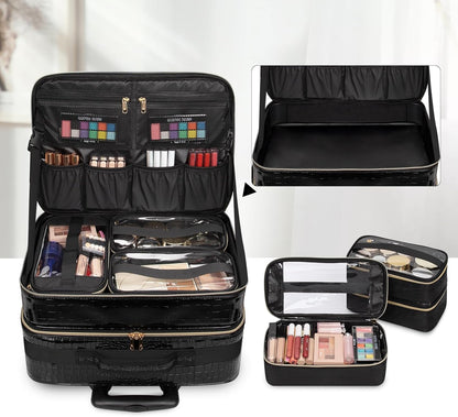 Rolling Extra Large 3 Layers Makeup Train Case with 3pcs Traveling Bags