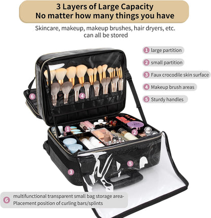 Rolling Extra Large 3 Layers Makeup Train Case with 3pcs Traveling Bags