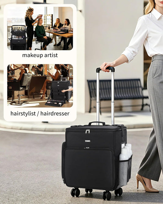 Available for sale in the United States only.Rolling Makeup Case with 5 Removable Pouches and 4 Removable 360° Spinner Wheels