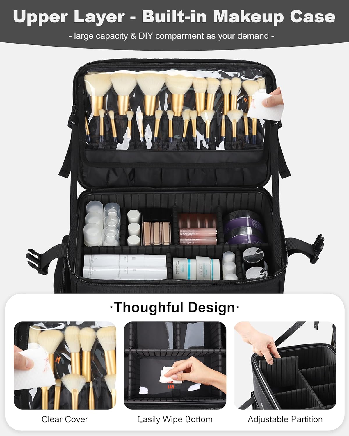 Available for sale in the United States only.Rolling Makeup Case with 5 Removable Pouches and 4 Removable 360° Spinner Wheels