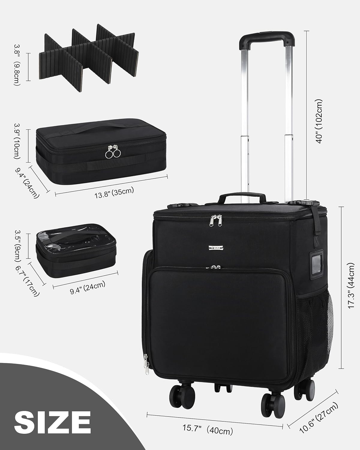 Available for sale in the United States only.Rolling Makeup Case with 5 Removable Pouches and 4 Removable 360° Spinner Wheels