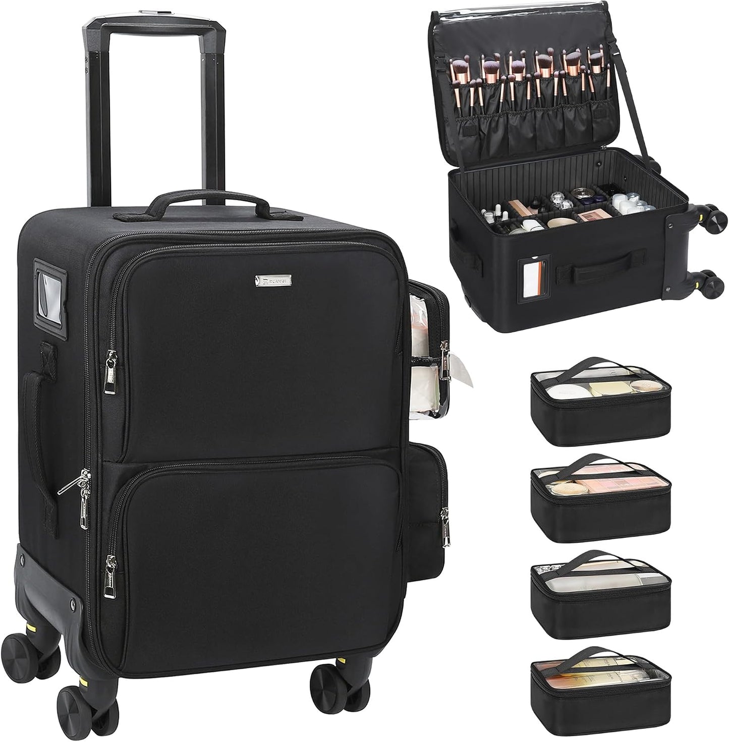 Rolling Vertical Makeup Case with 4 Clear Set Bags and 4 Removable 360° Spinner Wheels
