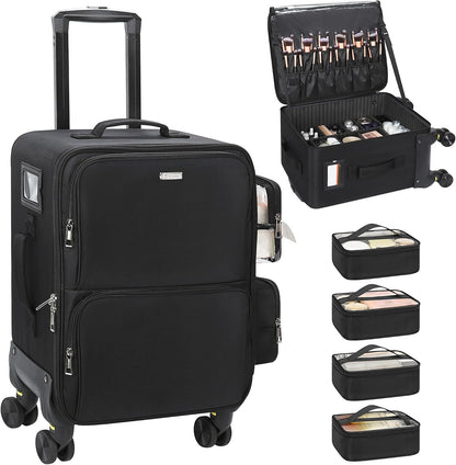 Rolling Vertical Makeup Case with 4 Clear Set Bags and 4 Removable 360° Spinner Wheels