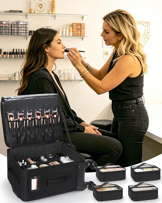 Rolling Vertical Makeup Case with 4 Clear Set Bags and 4 Removable 360° Spinner Wheels