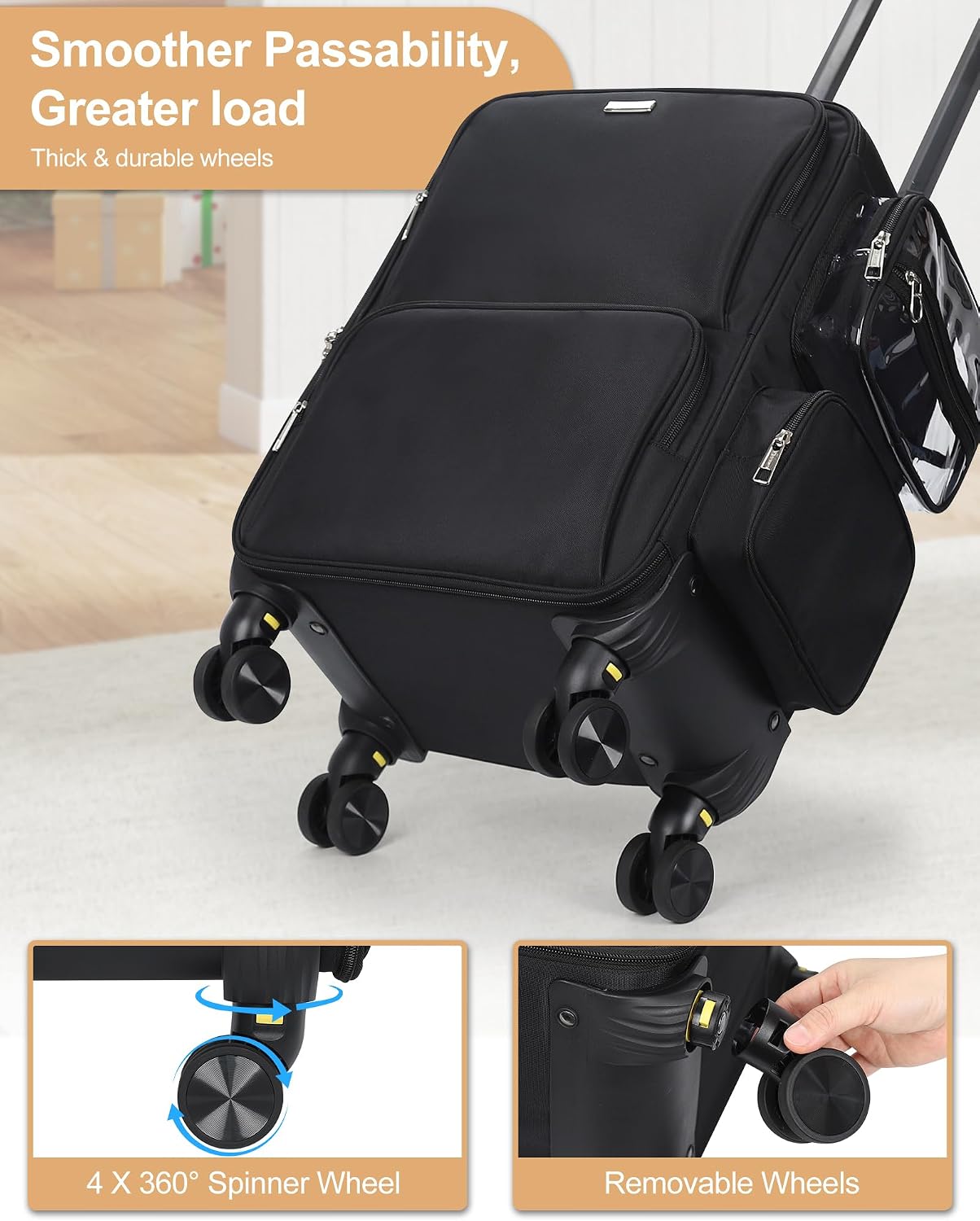 Rolling Vertical Makeup Case with 4 Clear Set Bags and 4 Removable 360° Spinner Wheels