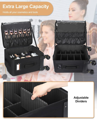 Rolling Vertical Makeup Case with 4 Clear Set Bags and 4 Removable 360° Spinner Wheels