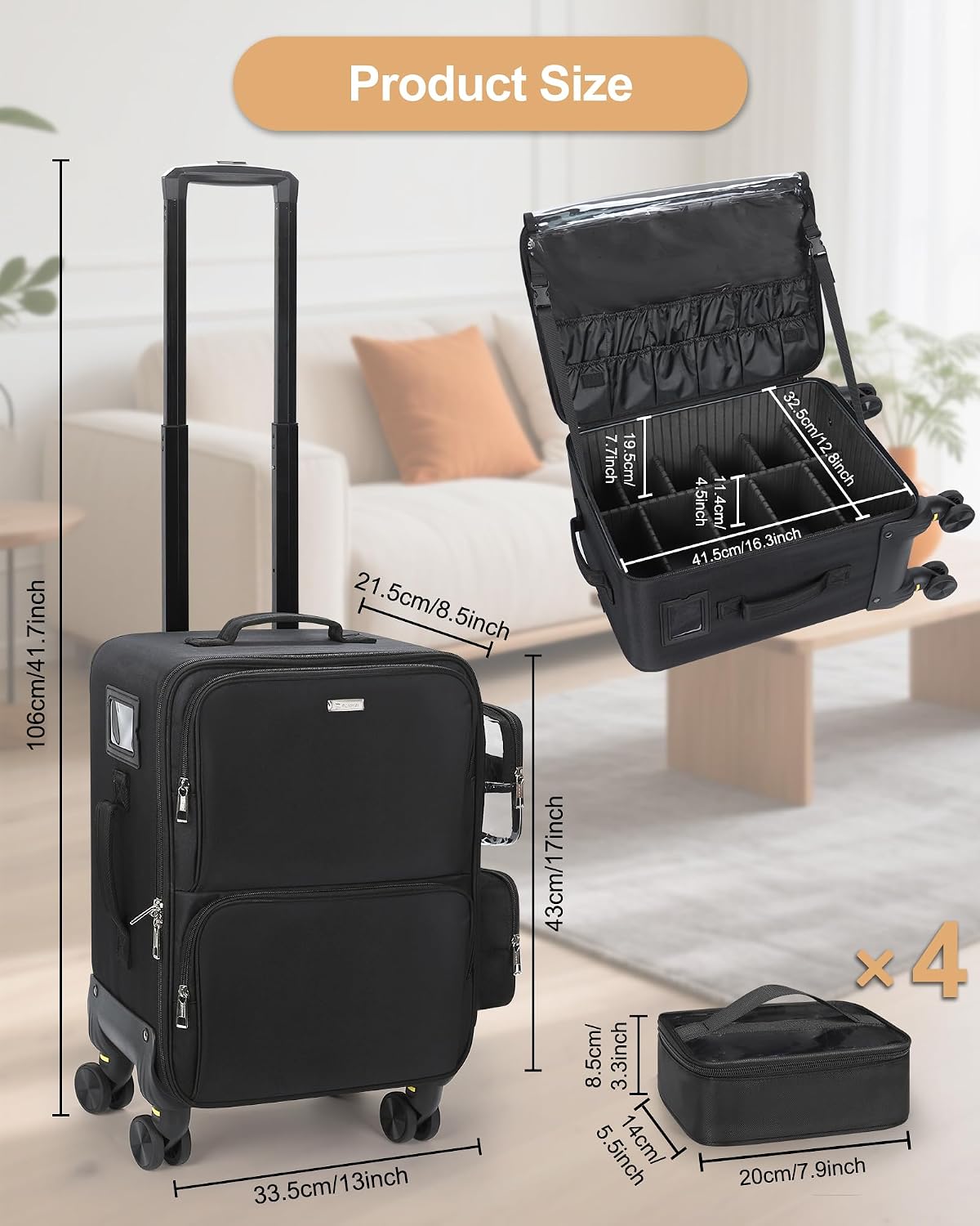Rolling Vertical Makeup Case with 4 Clear Set Bags and 4 Removable 360° Spinner Wheels