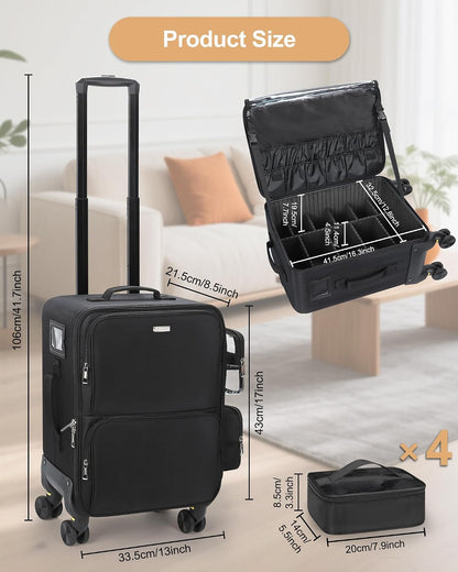 Rolling Vertical Makeup Case with 4 Clear Set Bags and 4 Removable 360° Spinner Wheels