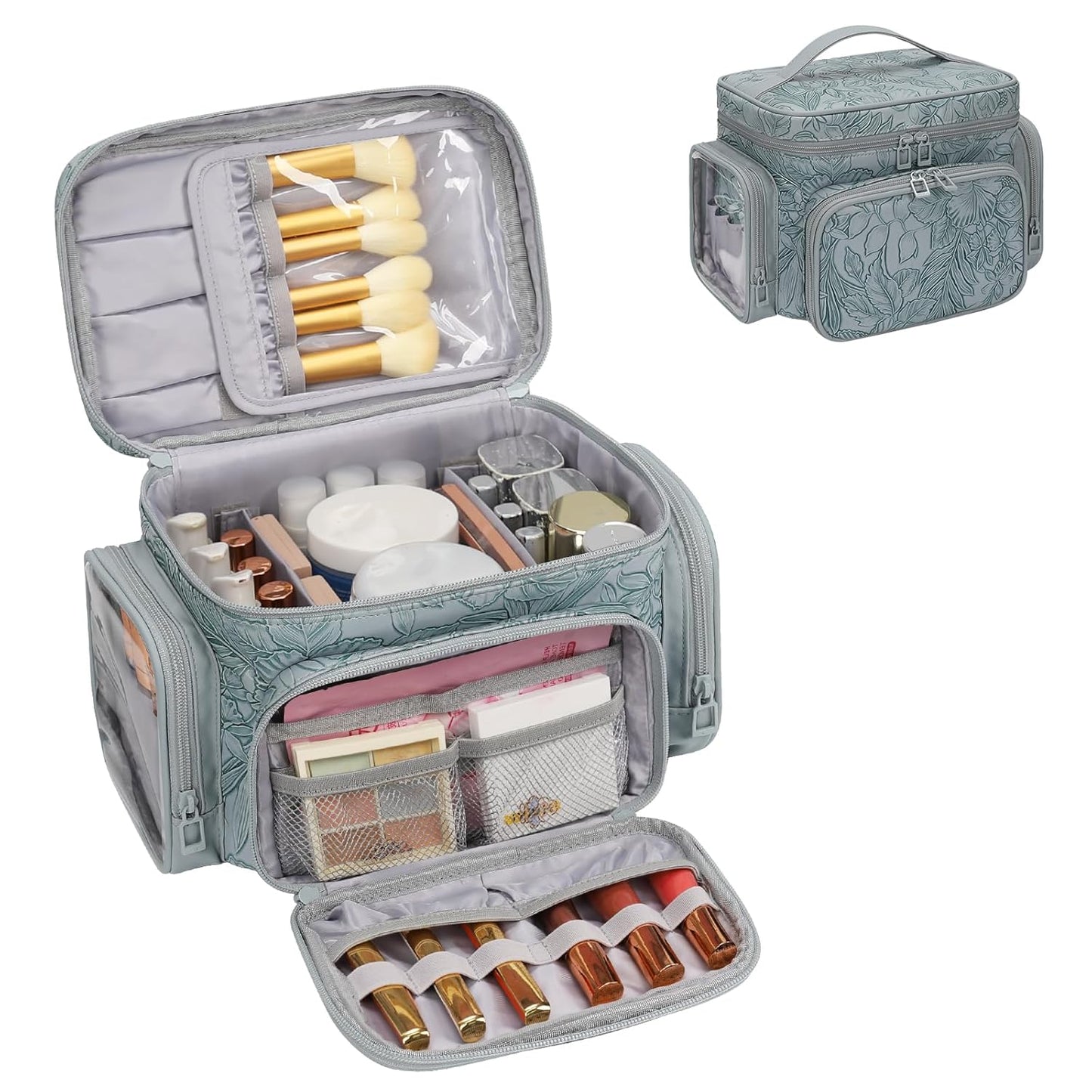 Large Makeup Bag with Makeup Brush Compartment & Two Side Pockets