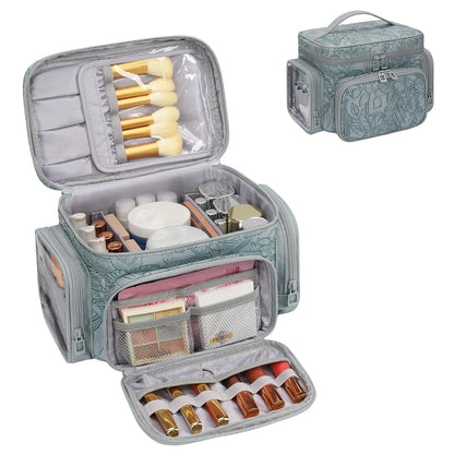 Large Makeup Bag with Makeup Brush Compartment & Two Side Pockets