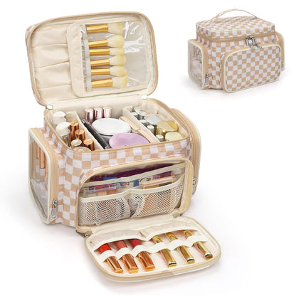 Large Makeup Bag with Makeup Brush Compartment & Two Side Pockets