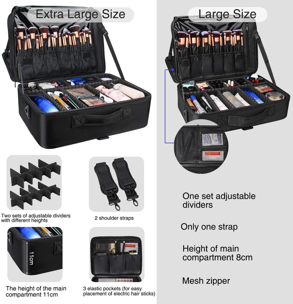 relavel Rolling Extra Large 3-Layer Makeup Train Case with Adjustable Divider (Black) Black
