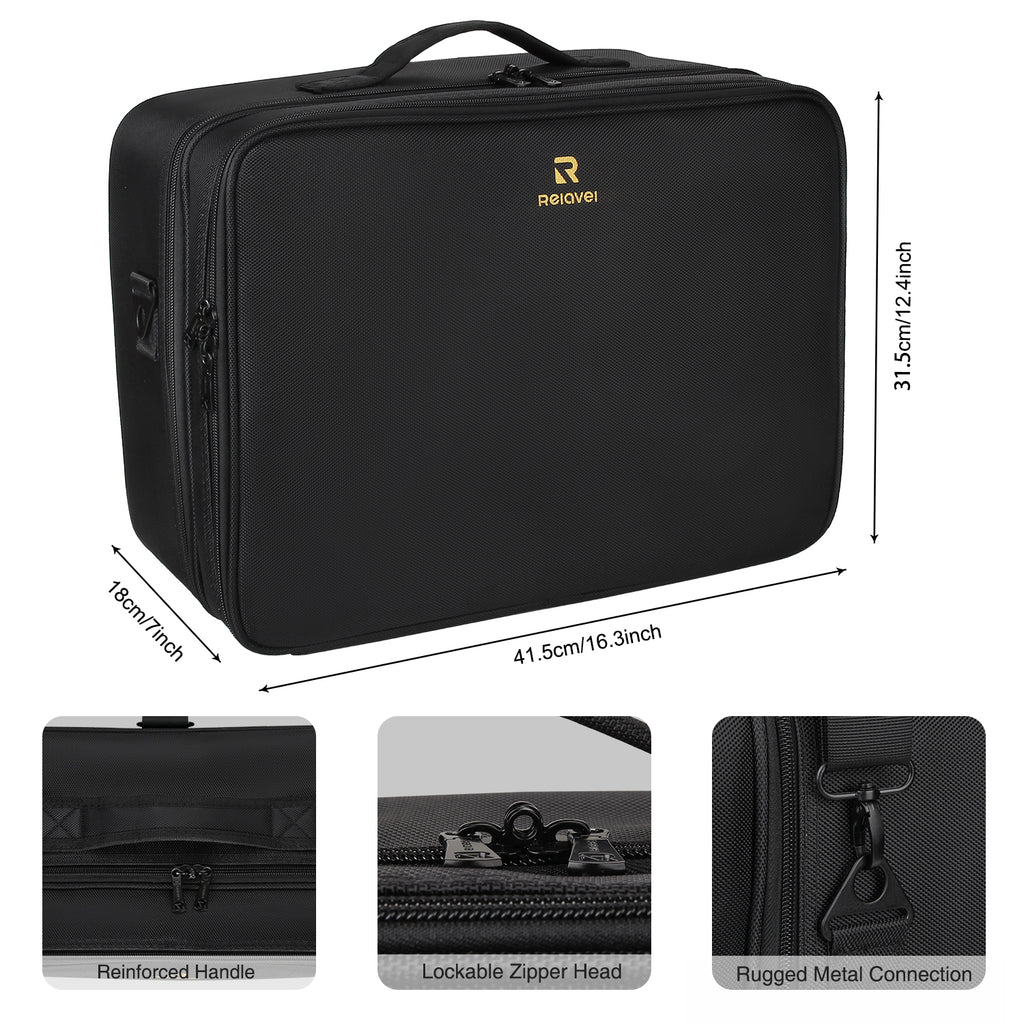 Black Extra Large Makeup Case with Washable Plastic Divider and Heat I –  Relavel