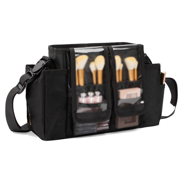 Makeup Brush Case with Shoulder Strap and Adjustable Divider (Large Black)