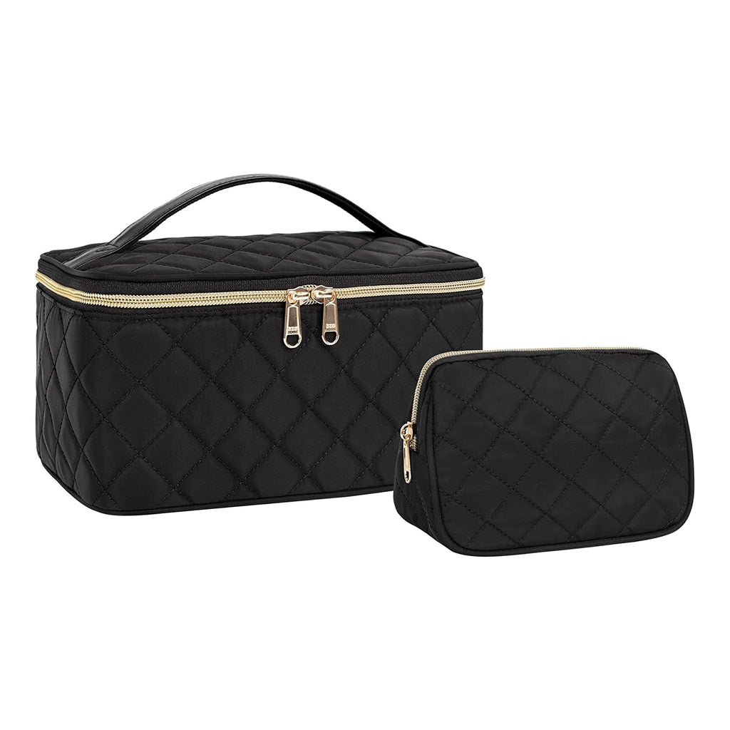 Relavel Makeup Bag 2 Pcs,Small Cosmetic Bag for Purse & large Makeup Bag Set Multifunctional Make Up Bags Organizer Cosmetics Brushes Toiletry Storage Pouch for Women Girls with Handle Divider, Black Relavel Rhombus Black Large Capacity Travel Makeup Case And Small Cosmetic Bag