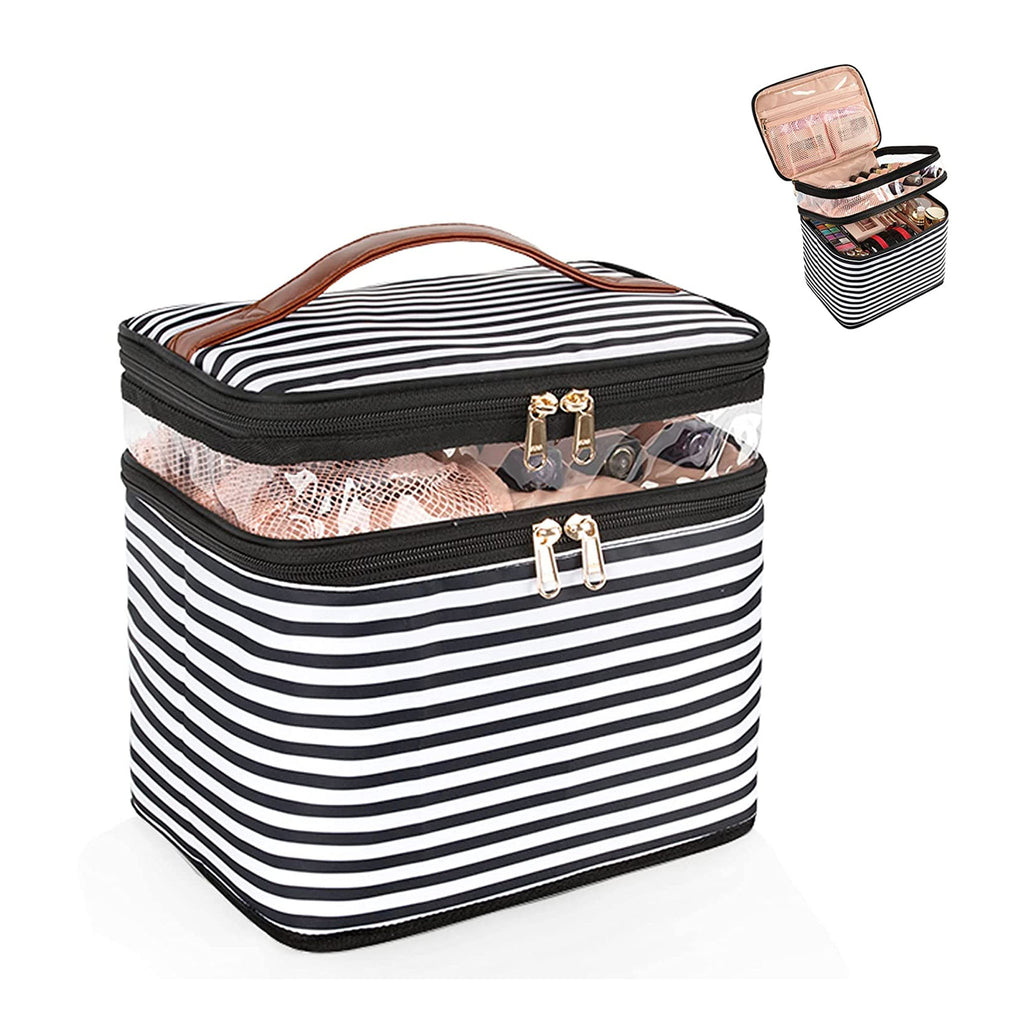 Relavel Large Double Layer Makeup Bag-Black and White Stripes