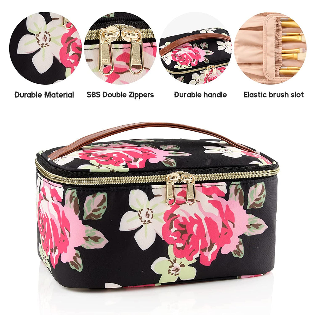 Large Portable Makeup Bag with Toiletries Brushes Slots and Divider-Large  Black/White Stripes