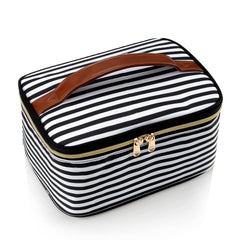 relavel Large Portable Makeup Bag with Toiletries Brushes Slots and Divider-Large Black/White Stripes