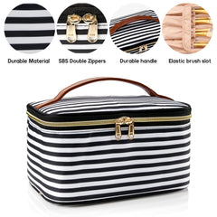 Large Portable Makeup Bag with Toiletries Brushes Slots and Divider-Large  Black/White Stripes
