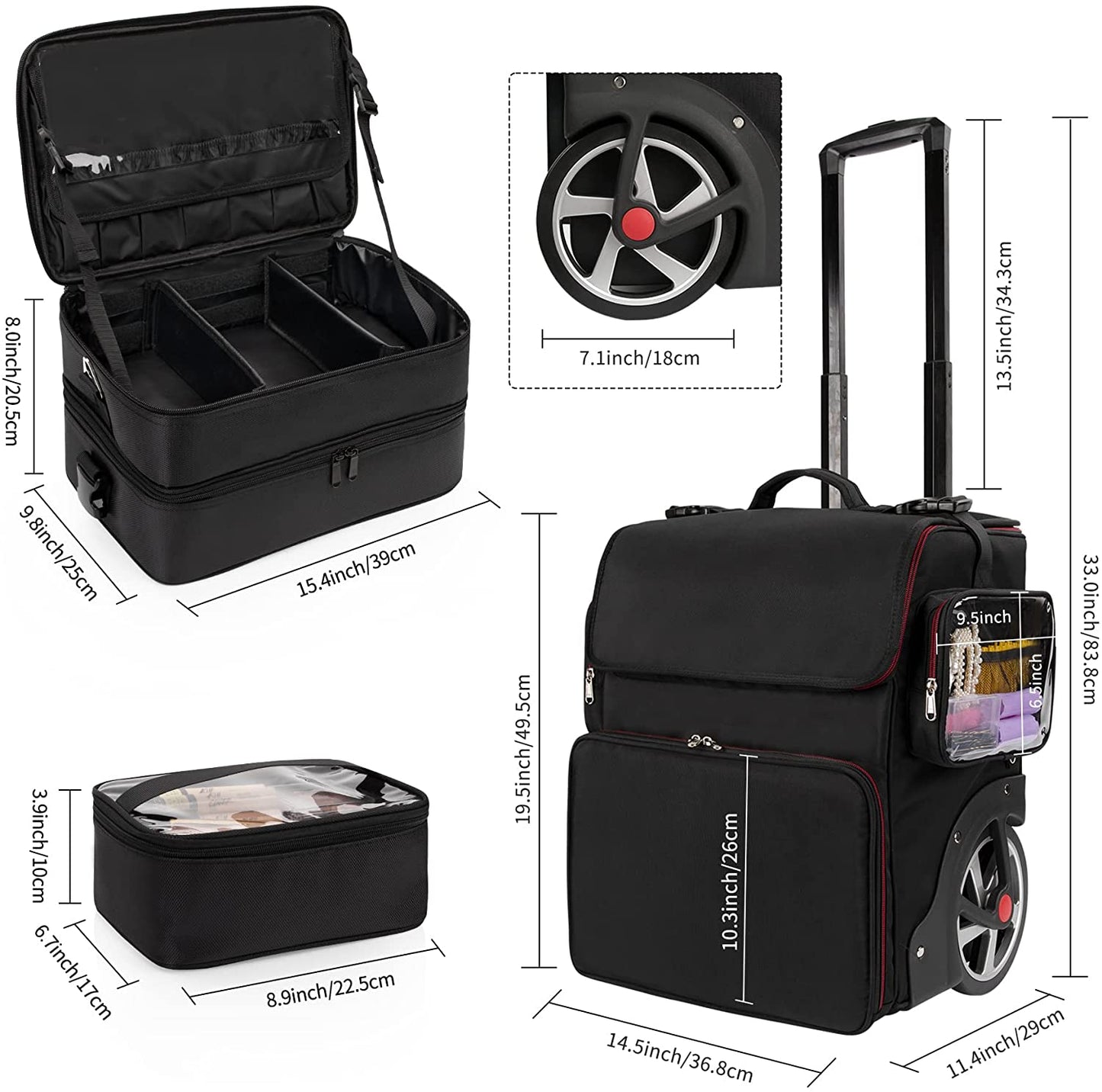 Available for sale in the United States only.Large Makeup Train Case with a Large Makeup Travel Bag for Hairstylist