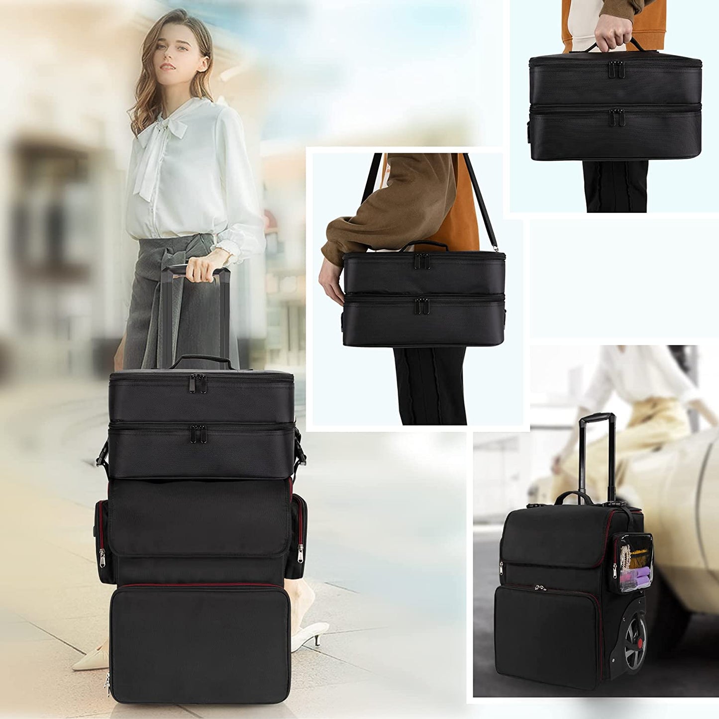 Available for sale in the United States only.Large Makeup Train Case with a Large Makeup Travel Bag for Hairstylist