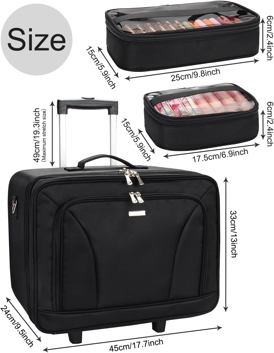 Rolling Extra Large 3Layer Makeup Train Case with Adjustable Divider