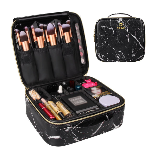 Relavel Travel Makeup Train Case Makeup Cosmetic Case Organizer Portable Artist Storage Bag with Adjustable Dividers for Cosmetics Makeup Brushes