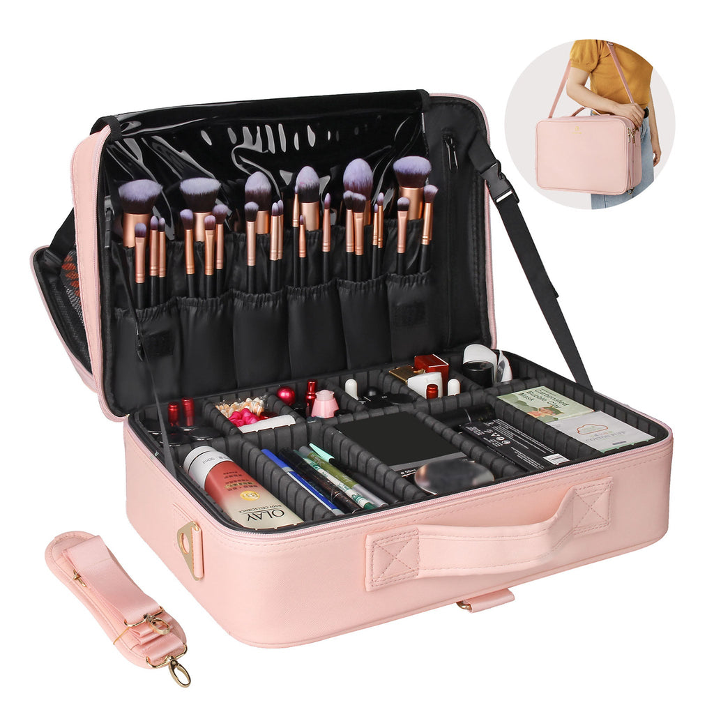 Unique Bargains Travel PU Leather Small Rectangular Makeup Brush Bag Pink