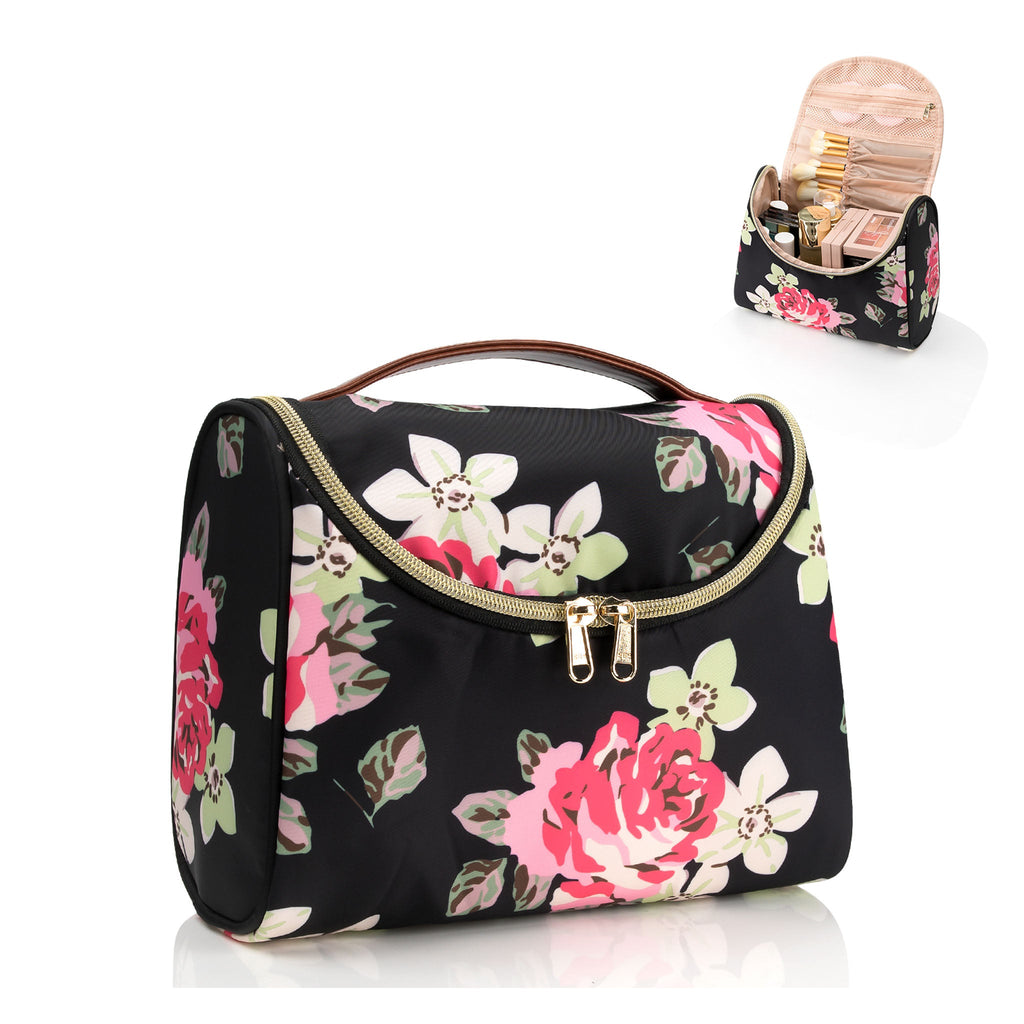 Travel Makeup Bag, Ethereal Cosmetic Bag for Women Portable Makeup Organizer Bag Large Capacity Toiletry Bag Women Waterproof (Black Flower)