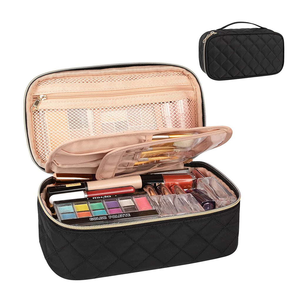 Relavel Small Makeup Bag,Portable Cute Travel Makeup Bag Pouch for Women Girls Makeup Brush Organizer Cosmetics Bags with Compartment-Black