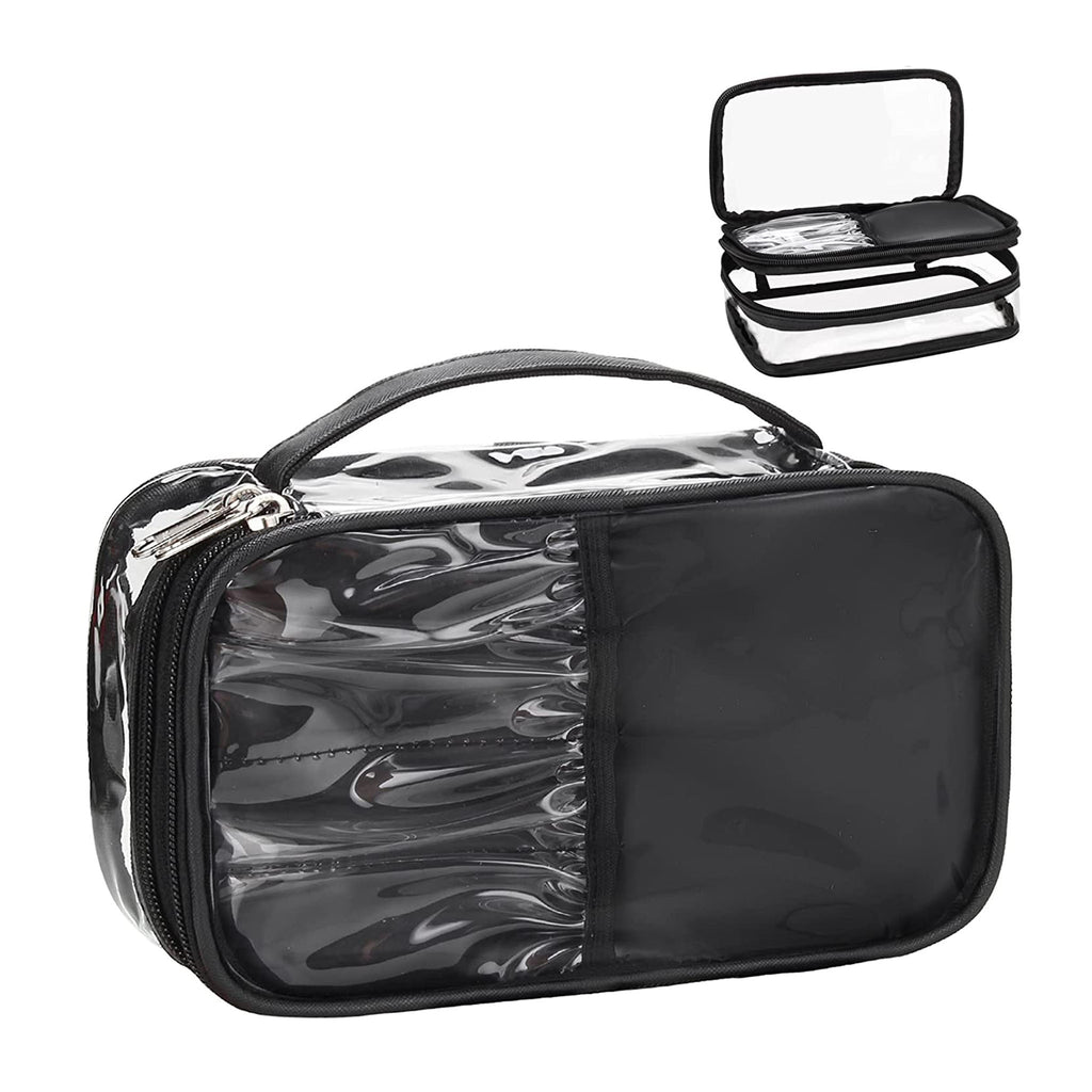 Small Makeup Bag, Relavel Cosmetic Bag for Women 2 Layer Travel Organizer  Black Handbag Purse Pouch Compact Capacity Daily Use, Brush Holder