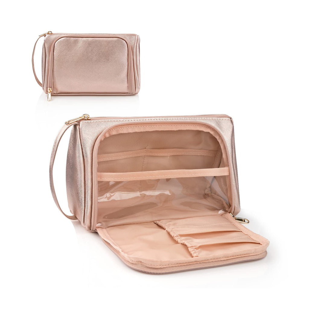 Relavel Travel Makeup Bag with Side Handle, Rose Golden Cosmetic Bag with Makeup Brush Slot, Waterproof PU Leather Makeup Pouch for Purse, Portable Toiletry Bag for Women & Girls