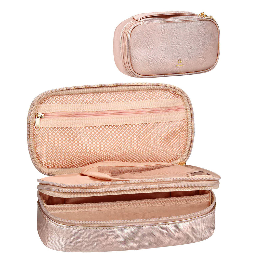 Relavel Makeup Bag Small Travel Cosmetic Bag for Women Girls Makeup Brushes Bag Portable 2 Layer Cosmetic Case Brush Organizer Christmas Gift (Small, Rose Gold)